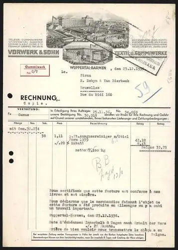 Rechnung Wuppertal-Barmen 1936, Vorwerk & Sohn, Textil- & Gummiwerke, Hauptwerk und Filiale