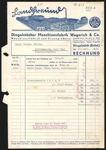 Rechnung Dingelstädt (Eichsf.) 1939, Wegerich & Co., Dingelstädter Maschinenfabrik, Betriebsansicht und Schutzmarke