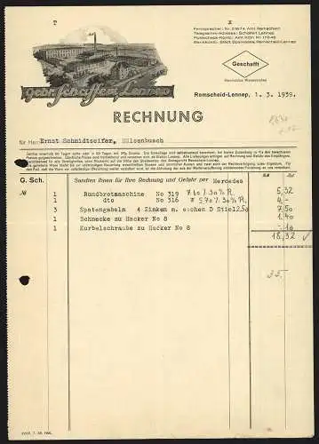 Rechnung Remscheid-Lennep 1939, Firma Gebr. Schaffert, Fabrikanlage und Warenzeichen Geschafft