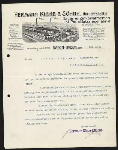 Rechnung Baden-Baden 1912, Hermann Klehe & Söhne, Badener Zinkornamenten- & Metallziegelfabrik, Fabrik mit Gleisanlage