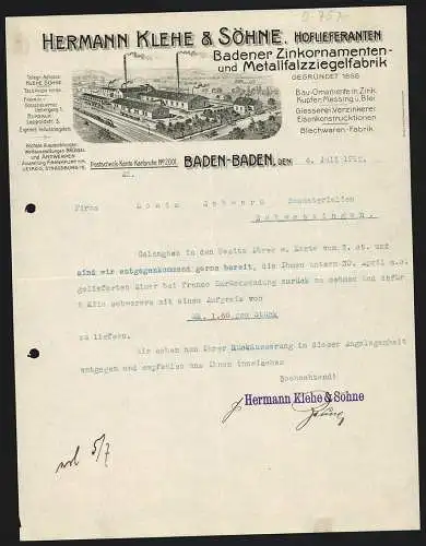 Rechnung Baden-Baden 1912, Hermann Klehe & Söhne, Badener Zinkornamenten- & Metallziegelfabrik, Betrieb mit Gleisanlage