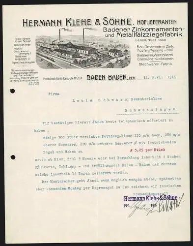 Rechnung Baden-Baden 1913, Hermann Klehe & Söhne, Badener Zinkornamenten- & Metallziegelfabrik, Fabrik mit Gleisanlage