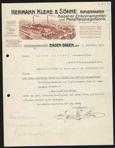 Rechnung Baden-Baden 1912, Hermann Klehe & Söhne, Badener Zinkornamenten- & Metallziegelfabrik, Werk mit Gleisanlage