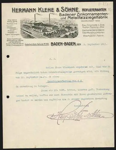 Rechnung Baden-Baden 1911, Hermann Klehe & Söhne, Badener Zinkornamenten- & Metallziegelfabrik, Fabrik mit Gleisanlage