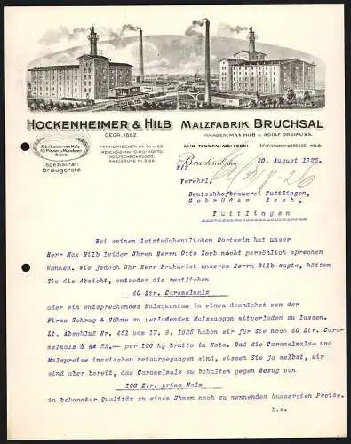 Rechnung Bruchsal 1926, Hockenheimer & Hilb, Malzfabrik, Betriebsgebäude aus zwei Perspektiven