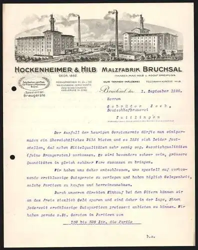 Rechnung Bruchsal 1926, Hockenheimer & Hilb, Malzfabrik, Fabrikgebäude aus zwei Perspektiven