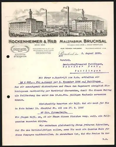 Rechnung Bruchsal 1926, Hockenheimer & Hilb, Malzfabrik, Werksgebäude aus zwei Perspektiven