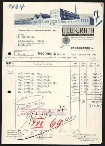 Rechnung Sassenberg i. W. 1938, Gebr. Rath, Kammgarn-Spinnerei und Färberei, Modellansicht der Fabrikgebäude
