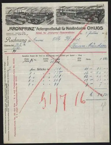 Rechnung Ohligs 1916, Kronprinz AG für Metallindustrie, Abteilung für Kronprinz-Spazierstöcke, Ansicht zweier Werke