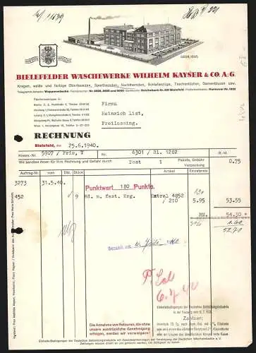 Rechnung Bielefeld 1940, Wilhelm Kayser & Co. AG, Bielefelder Wäschewerke, Fabrikgelände mit Garagen, Firmenwappen