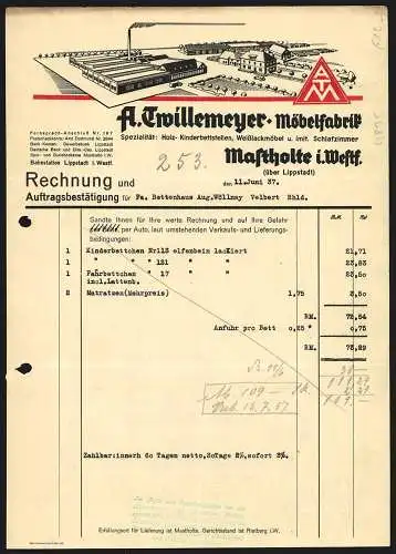 Rechnung Mastholte i. Westf. 1937, A. Twillemeyer, Möbelfabrik, Modellansicht der Fabrikanlage mit Zufahrtsstrasse