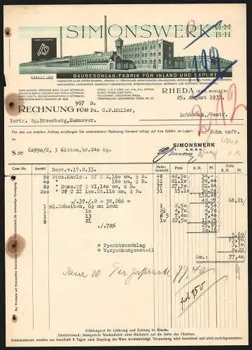 Rechnung Rheda-Minden 1933, Simonswerke GmbH, Baubeschlag-Fabrik, Modellansicht der Fabrik-Front und Fabrik-Marke