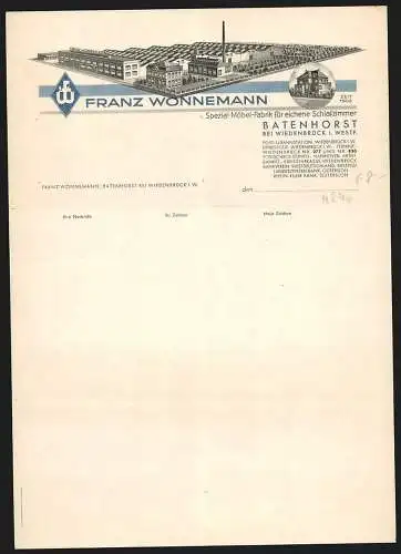 Rechnung Batenhorst bei Wiedenbrück, Franz Wonnemann, Möbelfabrik für eichene Schlafzimmer, Modellansicht der Fabrik