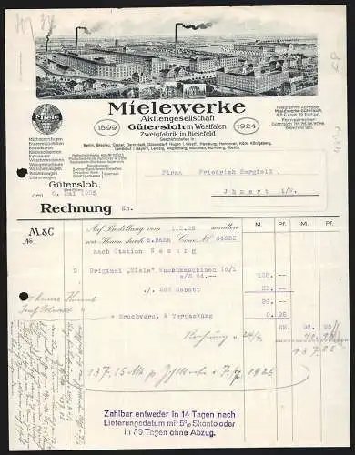 Rechnung Gütersloh 1925, Mielewerke AG, Hauptwerk, Zweigfabrik Bielefeld und drei Geschäftshäuser