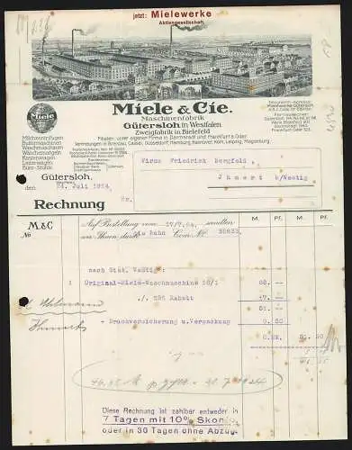 Rechnung Gütersloh 1924, Mielewerke & Cie, Maschinenfabrik, Hauptwerk, Zweigfabrik Bielefeld und drei Geschäftshäuser