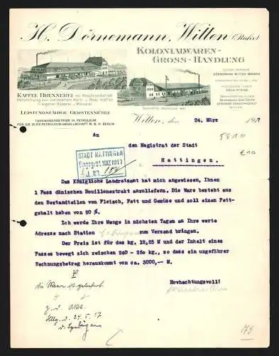 Rechnung Witten 1917, H. Dörnemann, Kolonialwaren-Grosshandlung, Betriebsgebäude mit eigener Gleisanlage
