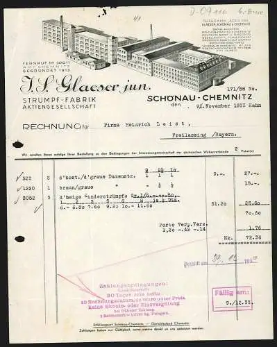 Rechnung Schönau-Chemnitz 1933, J. S. Glaeser jun., Strumpf-Fabrik AG, Modellansicht des Betriebskomplexes