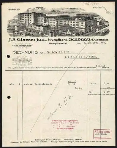 Rechnung Schönau bei Chemnitz 1931, J. S. Glaeser jun. Strumpffabrik, Strassenbahn an der Fabrikanlage