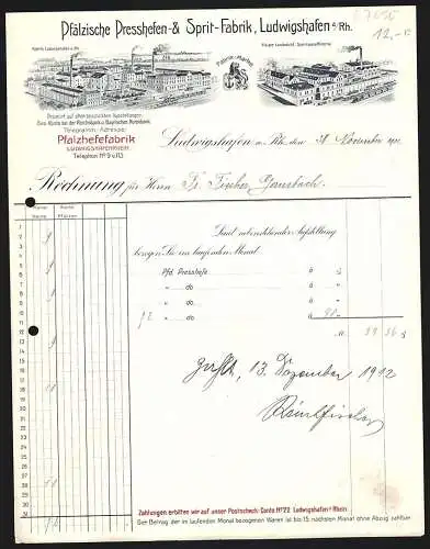 Rechnung Ludwigshafen a. Rh. 1912, Pfälzische Presshefen- & Sprit-Fabrik, Hauptwerk und Filiale Landstuhl, Fabrikmarke