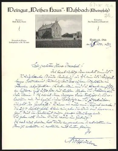 Rechnung Mussbach /Pfalz 1929, Weingut Weisses Haus, Ansicht der befestigten Hofgutanlage