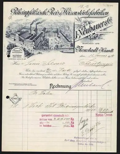 Rechnung Neustadt a. Haardt 1910, J. Neubauer & Co., Rheinpfälzische Reis- & Weizenstärkefabriken, Werk mit Innenhof