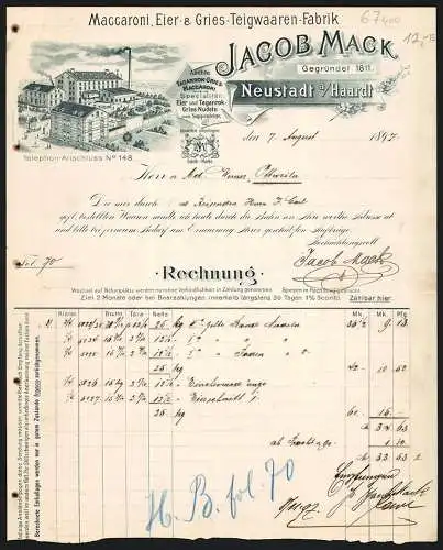 Rechnung Neustadt a. Haardt 1897, Jacob Mack, Maccaroni, Eier- & Gries-Teigwaaren-Fabrik, Betriebsansicht & Fabrikmarke