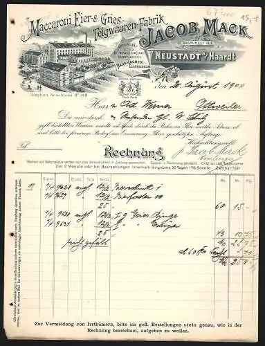 Rechnung Neustadt a. Haardt 1904, Jacob Mack, Maccaroni, Eier- & Gries-Teigwaaren-Fabrik, Betriebsansicht & Fabrikmarke