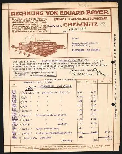 Rechnung Chemnitz 1932, Eduard Beyer, Fabrik für Chemischen Bürobedarf, Modellansicht des Betriebsgeländes