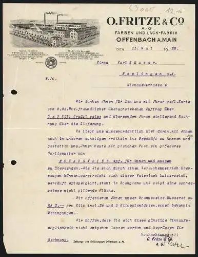 Rechnung Offenbach a. Main 1928, O. Fritze & Co. AG, Farben und Lack-Fabrik, Eisenbahn am Fabrikgelände