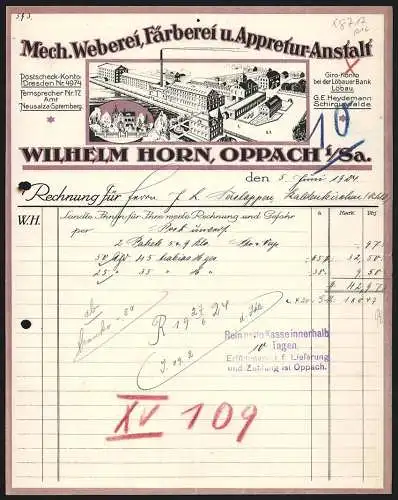 Rechnung Oppach i. Sa. 1924, Wilhelm Horn, Textil-Fabrikation, Modellansicht des Werkes, Stammhaus