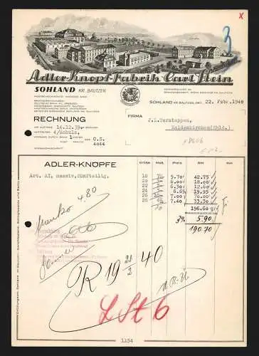 Rechnung Sohland-Bautzen 1940, Carl Stein, Adler-Knopf-Fabrik KG, Hauptwerk und Geschäftsstelle Gross-Schönau