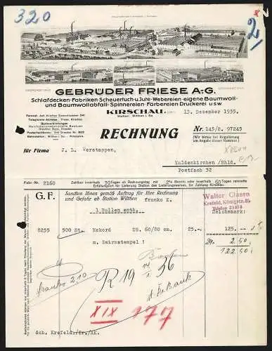 Rechnung Kirschau 1935, Gebrüder Friese AG, Textil-Fabrikation, Ansicht von fünf Betriebsstellen