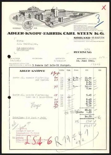 Rechnung Sohland-Bautzen 1941, Carl Stein, Adler-Knopf-Fabrik KG, Modellansicht des Fabrikgeländes