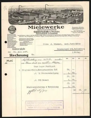 Rechnung Gütersloh in Westfalen 1927, Mielewerke AG, Ansicht des Hauptwerks und von 4 Zweigstellen