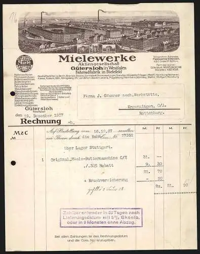 Rechnung Gütersloh in Westfalen 1927, Mielewerke AG, Ansicht des Hauptwerks und von vier Zweigstellen