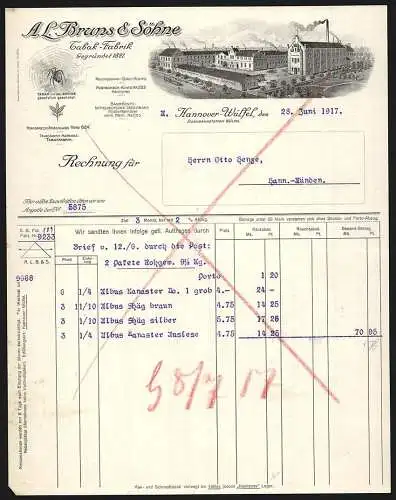 Rechnung Hannover-Wülfel 1917, A. L. Bruns & Söhne, Tabak-Fabrik, Strassenbahn am Betriebsgelände