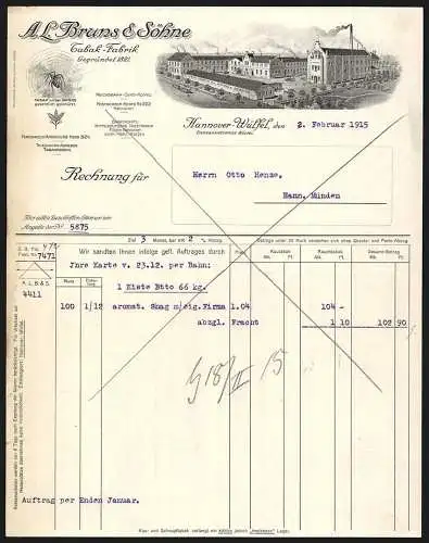 Rechnung Hannover-Wülfel 1915, A. L. Bruns & Söhne, Tabak-Fabrik, Strassenbahn am Betriebsgelände