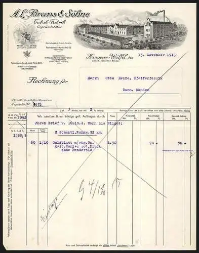 Rechnung Hannover-Wülfel 1915, A. L. Bruns & Söhne, Tabak-Fabrik, Strassenbahn am Fabrikgelände