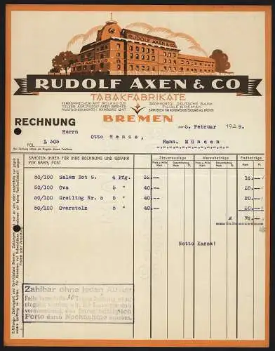 Rechnung Bremen 1929, Rudolf Axen & Co., Tabakfabrikate, Darstellung des Betriebsgebäudes