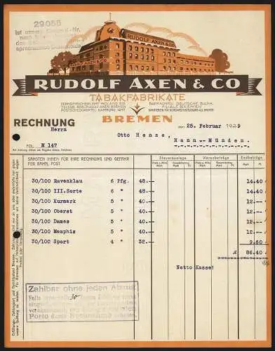 Rechnung Bremen 1929, Rudolf Axen & Co., Tabakfabrikate, Darstellung des Geschäftsgebäudes
