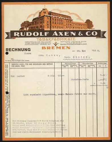 Rechnung Bremen 1929, Rudolf Axen & Co., Tabakfabrikate, Darstellung der Geschäftsstelle