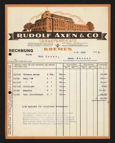 Rechnung Bremen 1929, Rudolf Axen & Co., Tabakfabrikate, Künstlerische Darstellung des Betriebsgebäudes