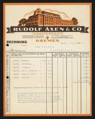 Rechnung Bremen 1929, Rudolf Axen & Co., Tabakfabrikate, Künstlerische Darstellung des Geschäftsgebäudes