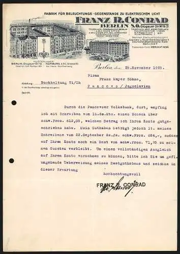 Rechnung Berlin 1925, Franz R. Conrad, Fabrik für Beleuchtungs-Gegenstände, Die Haupt-Geschäftsstelle und ein Lager