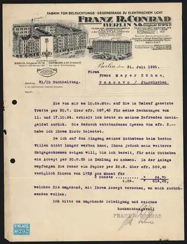 Rechnung Berlin 1925, Franz R. Conrad, Fabrik für Beleuchtungs-Gegenstände, Die Haupt-Betriebsstelle und ein Lager