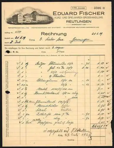 Rechnung Reutlingen 1929, Eduard Fischer, Kurz- und Spielwaren-Grosshandlung, Das Betriebsgelände an einem Berg
