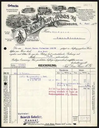 Rechnung Dillenburg 1929, Joh. Dan. Haas AG, Tabak-Fabrikate, Ansicht von fünft Geschäftsstellen, Schutzmarke