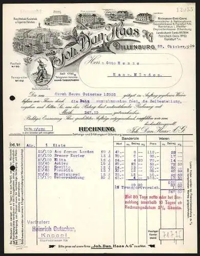 Rechnung Dillenburg 1929, Joh. Dan. Haas AG, Tabak-Fabrikate, Ansicht von fünf Betriebsstellen, Schutzmarke