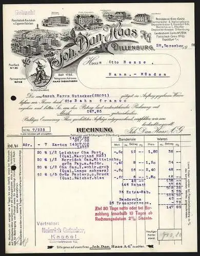 Rechnung Dillenburg 1928, Joh. Dan. Haas AG, Tabak-Fabrikate, Ansicht von fünf Betriebsstellen, Schutzmarke