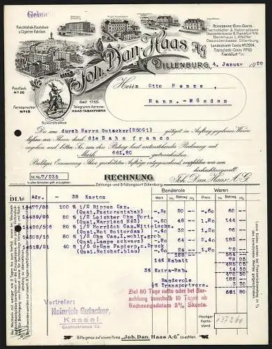 Rechnung Dillenburg 1929, Joh. Dan. Haas AG, Tabak-Fabrikate, Ansicht von fünf Niederlassungen, Schutzmarke